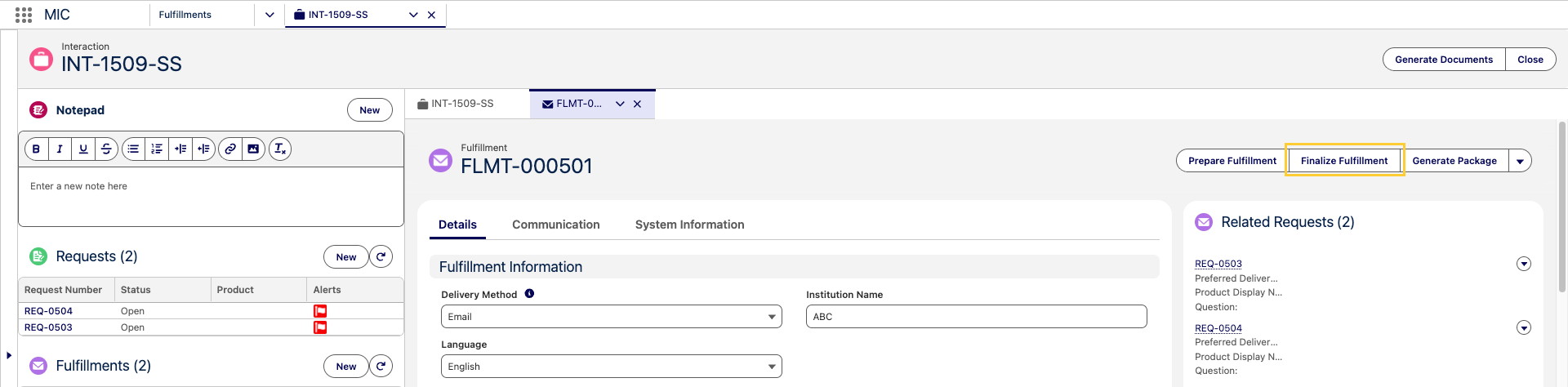 Finalize Fulfillment action