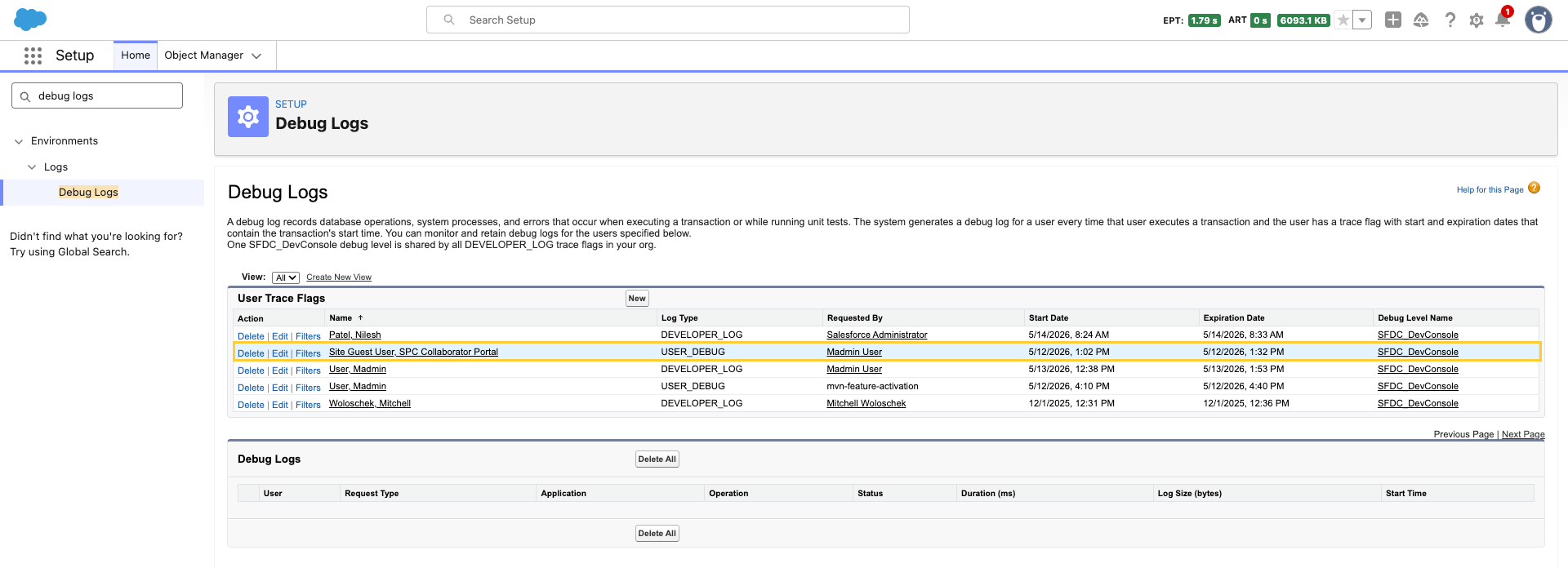 Debug Logs List