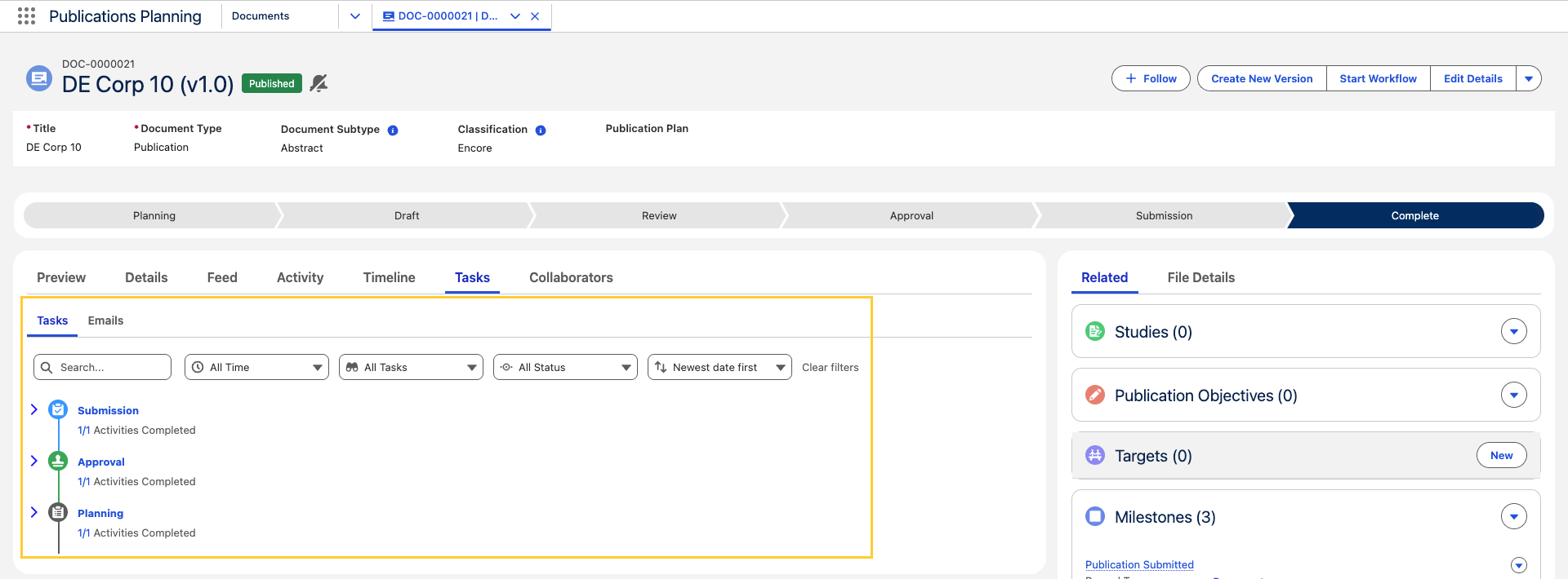Tasks tab