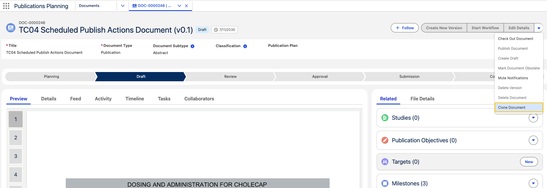 Clone Document action in the document actions menu on a document record page