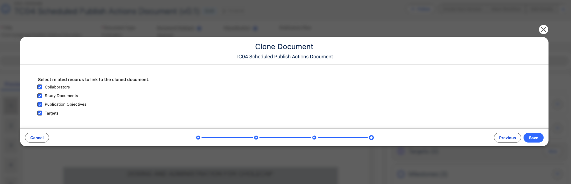Final step of the Clone Document wizard, with checkboxes for Collaborators, Study Documents, Publication Objectives, and Targets