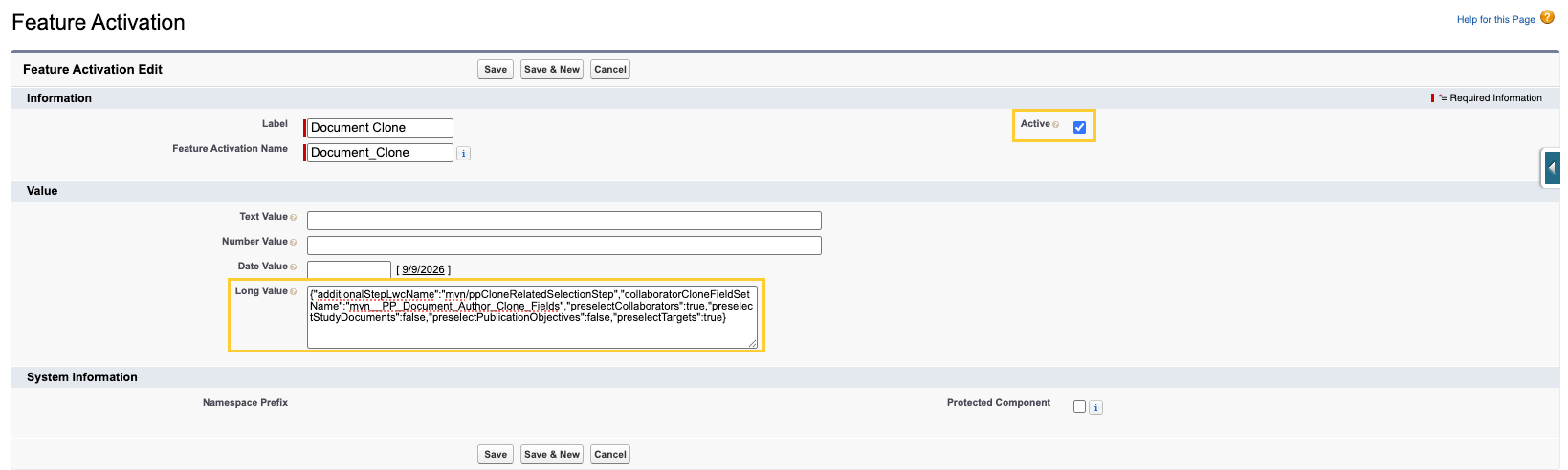 Feature Activation Edit page for the Document Clone record with the Active checkbox and Long Value field highlighted