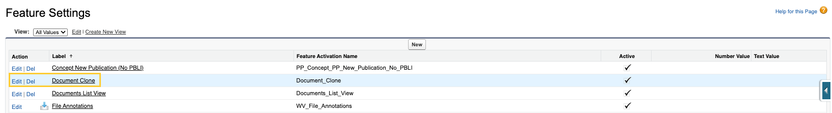 Document Clone record highlighted in the Feature Settings list of Feature Activation records