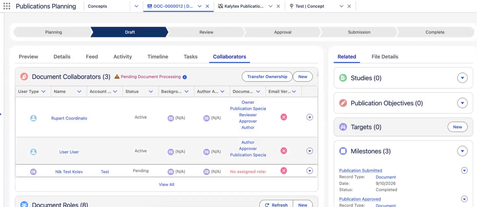 Document Collaborators related list on the Collaborators tab showing a newly added collaborator
