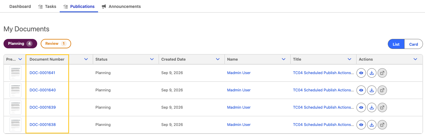Publications tab with the Document Number column highlighted, each row showing a document number such as DOC-0001641 as a link