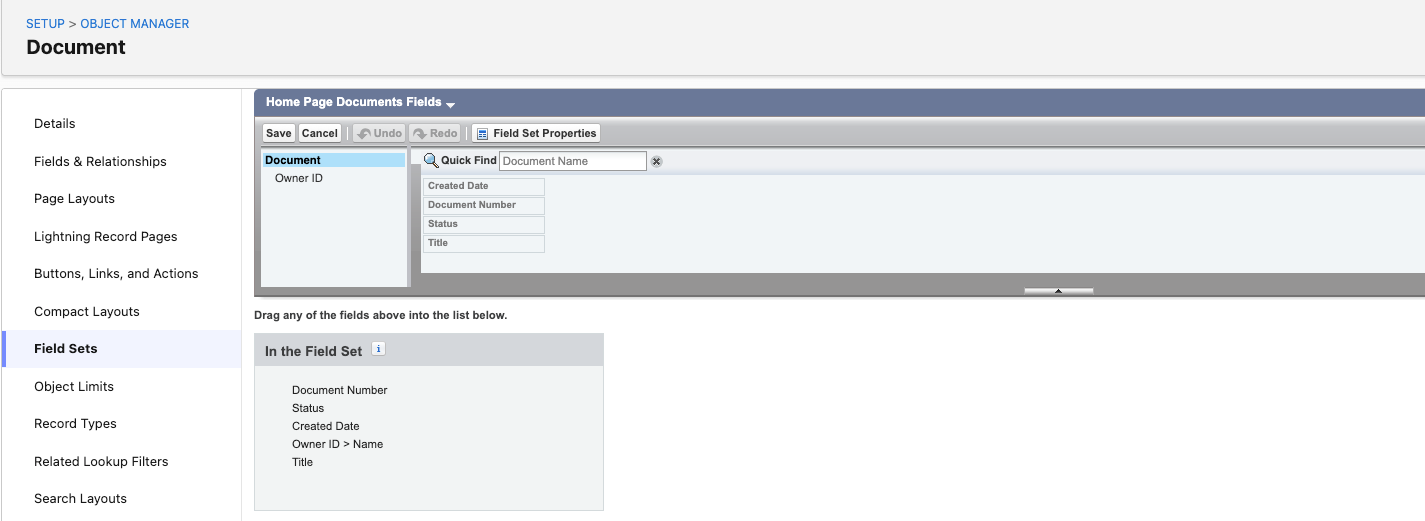 Home Page Documents Fields field set on the Document object in Setup, with Document Number, Status, Created Date, Owner ID > Name, and Title in the field set