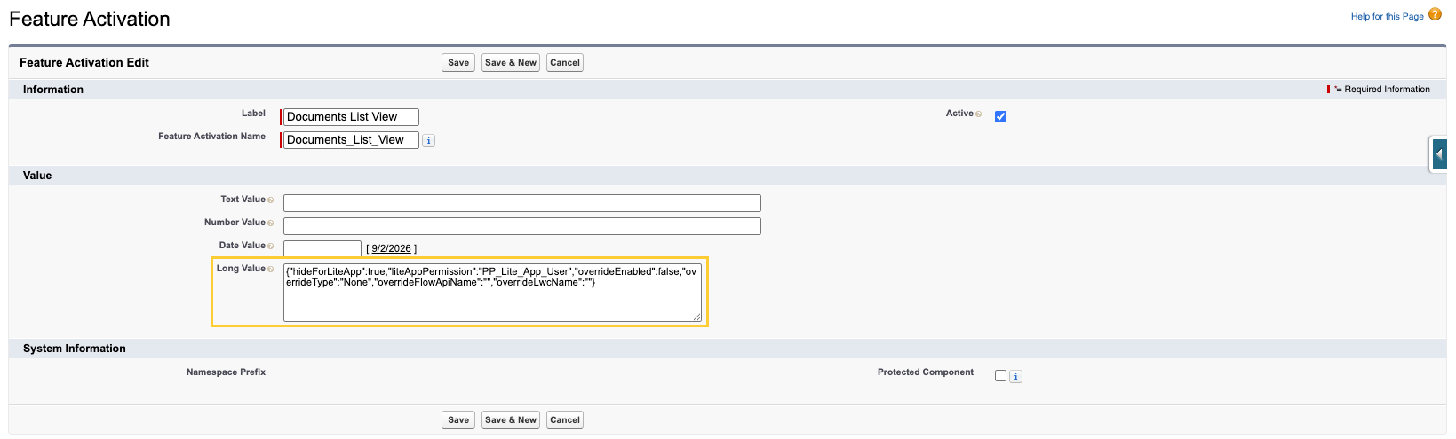 Long Value field on the Feature Activation record