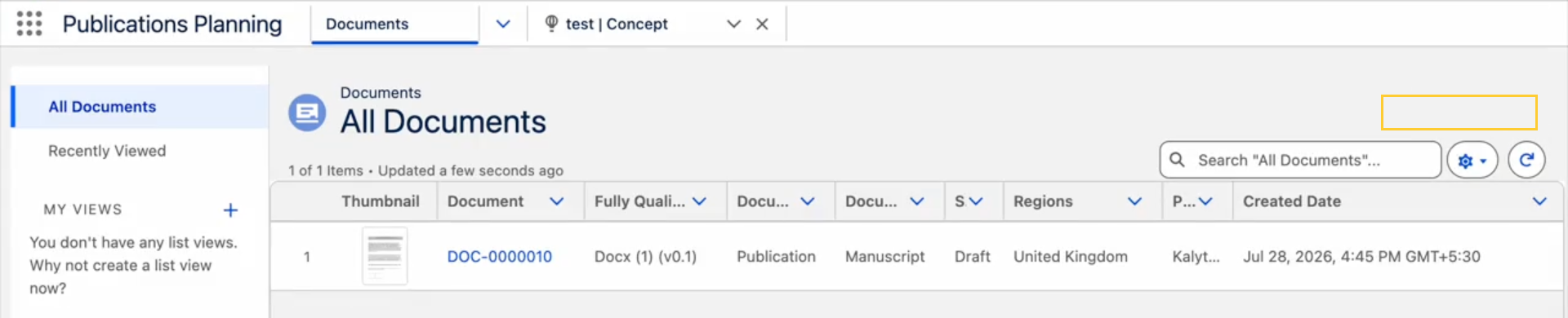 The Documents list view for a Lite App user, with the New Document button hidden