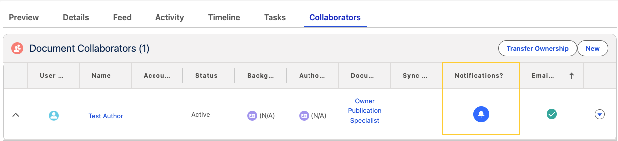 The Notifications? column in the Document Collaborators related list, showing the notifications icon