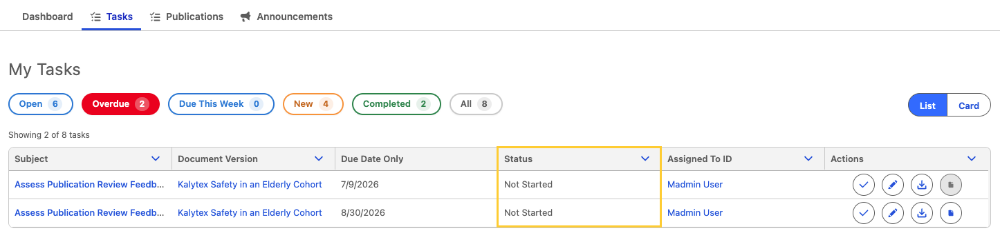Tasks tab with the Overdue filter selected, showing 2 of 8 tasks and a highlighted Status column in which every row is Not Started