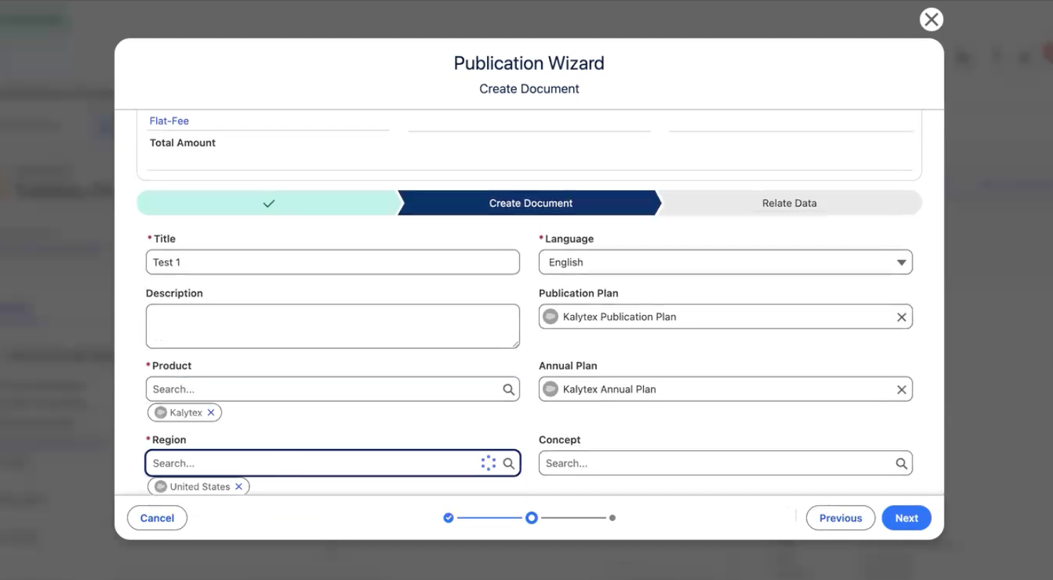 Publication Wizard open on the Create Document stage over a record page