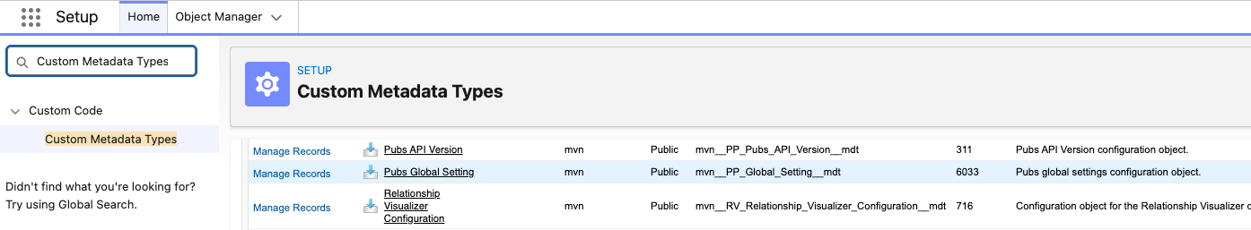 Pubs Global Setting custom metadata type
