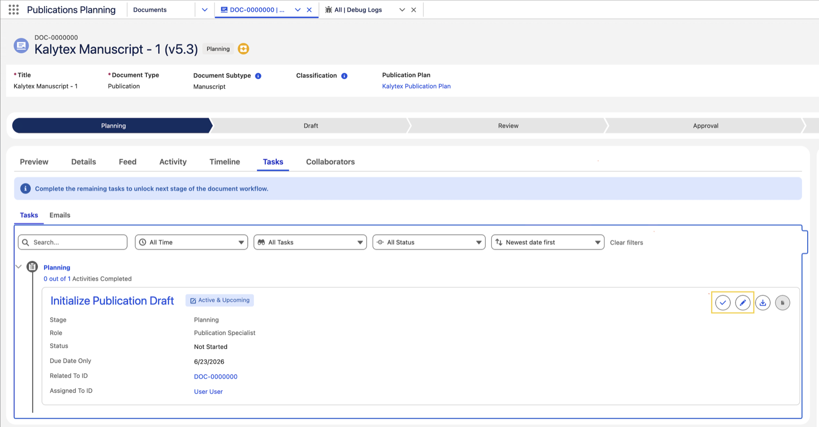 Tasks tab